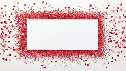 Blank rectangle card with red glitter and heart sprinkles border.