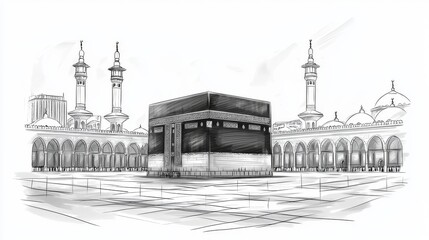 Simple Black and White Drawing of Kaaba in Mecca, Minimalistic Ink Sketch