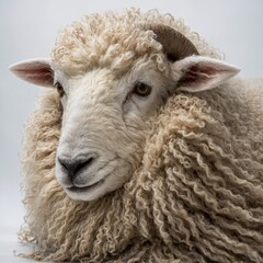 A sheep peacefully lying down, with its wool neatly fluffed, on a white background.