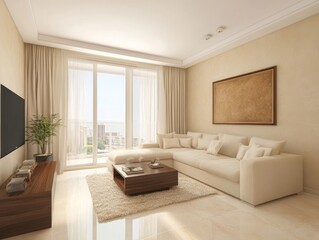 Fototapeta premium Modern Beige Living Room With City View