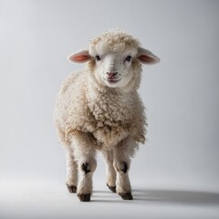Fototapeta premium A fluffy lamb standing on its tiny legs, looking curious, on a white background.