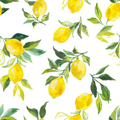Beautiful seamless pattern with watercolor fresh lemons with leaves and flowers in sunny Mediterranean style. Ready summer print design for wallpapers, wrappings, textile.