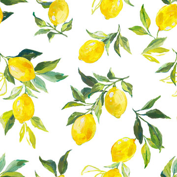 Beautiful seamless pattern with watercolor fresh lemons with leaves and flowers in sunny Mediterranean style. Ready summer print design for wallpapers, wrappings, textile.