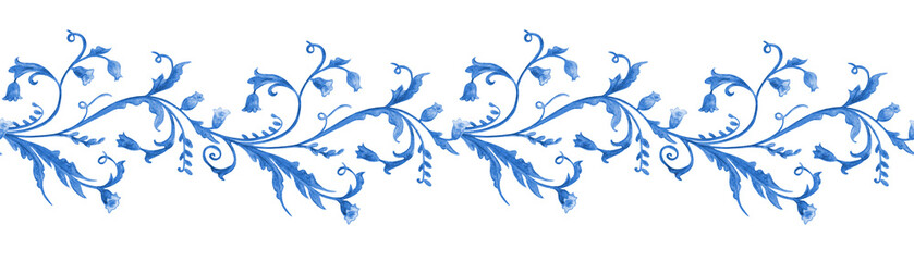 seamless watercolor horizontal monochrome blue floral border with bell flowers