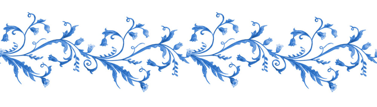 seamless watercolor horizontal monochrome blue floral border with bell flowers