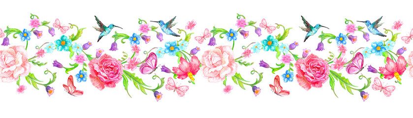 seamless watercolor horizontal floral border with butterflies and flowers, hummingbirds © Aloksa