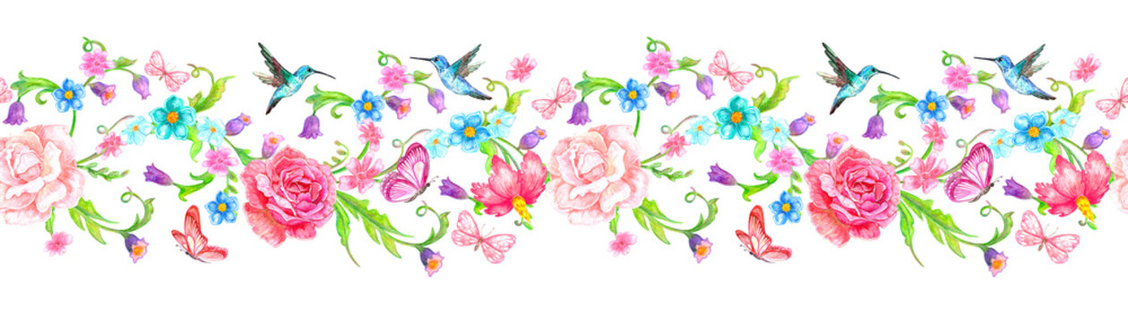 seamless watercolor horizontal floral border with butterflies and flowers, hummingbirds