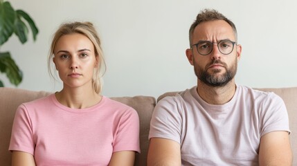 A young couple in matching pink shirts sits closely on a sofa, each displaying a serious expression, conveying thoughtfulness and connection.
