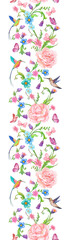 seamless watercolor vertical floral border with butterflies and pink roses flowers, hummingbirds