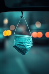 A surgical mask hangs from a hook inside a vehicle, illuminated by blurred city lights. This symbolizes the lasting impact of the pandemic in urban environments.