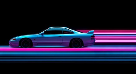 Car with Purple and Blue Light Streaks in Motion Blur, Anime Aesthetic