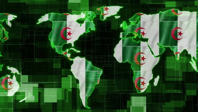 Algeria flag earth map glowing technology news background