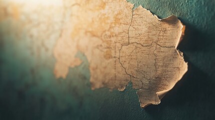 Torn map hanging on a peeling wall in an abandoned building showcasing decay and neglect.