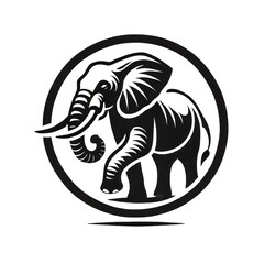  A striking black and white vector illustration of an elephant's head, set within a circular frame. The elephant's detailed features, including its large ears and tusks, convey a sense of power and el