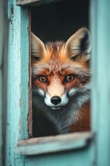 Obraz premium Fox peering through a broken window in an abandoned building. Nature is recovering back again.