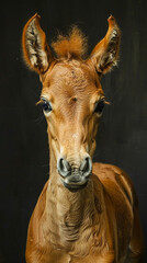 Close-Up of Pregnant Chestnut Horse with Black Background in Studio Setting Highlighting Beauty and Detail of Equine Expressions