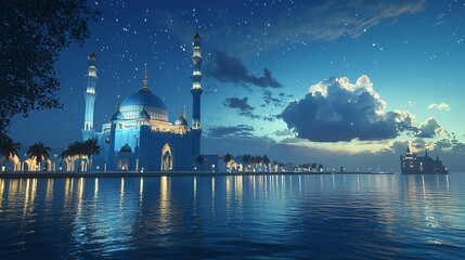 Obraz premium A peaceful evening scene of a mosque by the water, with the reflection of the mosque