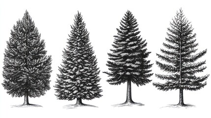 Four detailed evergreen trees.