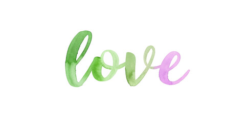 Watercolor love design, vibrant green and purple, artistic lettering, romantic theme, perfect for prints.