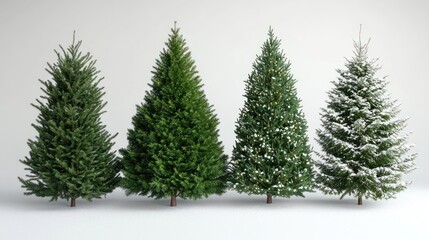 Obraz premium Four evergreen trees, one with snow and lights.