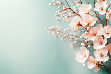Obraz premium Delicate cherry blossoms with pink flowers and buds on branches against a soft teal background.
