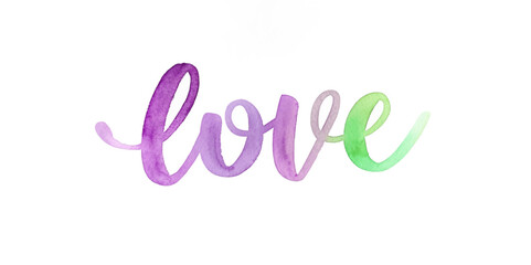 Watercolor love design, vibrant purple green hues, artistic lettering, romantic decor, expressive typography.