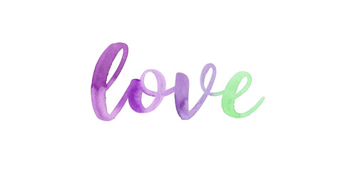Watercolor love design, vibrant purple and green, artistic lettering, romantic decor, modern typography, creative expression.