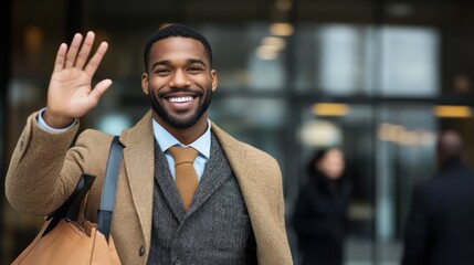 Smiling businessman waving outside office.