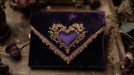 Ornate Purple Velvet Pouch with Gold Heart Embellishment