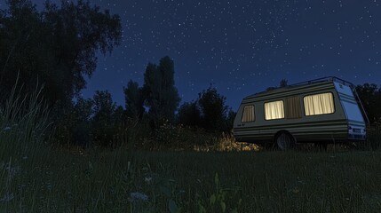 Caravan parked in a field at night under a starry sky.