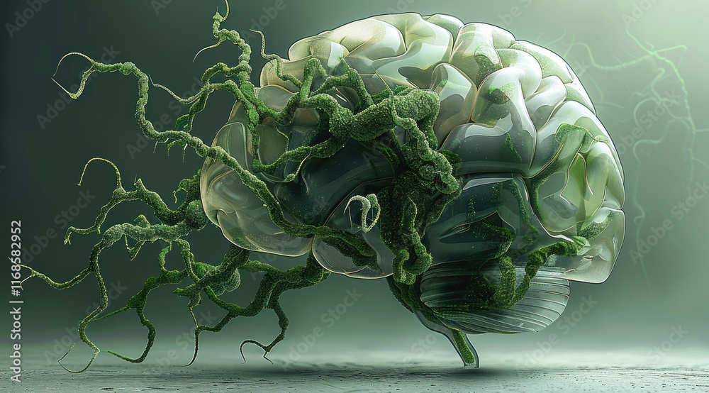 Leinwandbilder a 3d abstract scene of a brain with green tendrils wrapping around it, symbolizing jealousy taking o