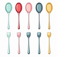 A set of cartoon spoons with different food items including jam, avocado, ketchup, honey, and more. The spoons are all different colors and have different shapes.
