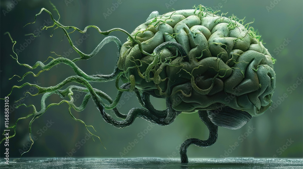 Leinwandbilder a 3d abstract scene of a brain with green tendrils wrapping around it, symbolizing jealousy taking o