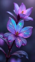 Iridescent hibiscus flowers with vibrant purple petals and delicate patterns against a soft background