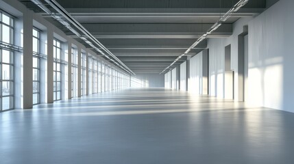Sunlit empty industrial warehouse interior with large windows and high ceilings.