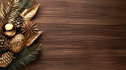 Elegant Gold Christmas Decor on Wood Background Festive Holiday Ornament Arrangement