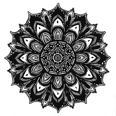 Retro-inspired Mandala silhouette with bold patterns and petal symmetry, black on white
