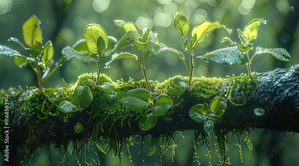 Poster a twisting tree branch in a lush, magical forest. the branch is covered in vibrant green moss, with 