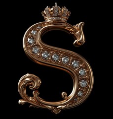 Elegant Golden Letter S with Diamonds and Royal Crown Design