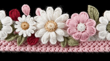 Crochet Flower Border Pink White Daisies Handmade Floral Craft