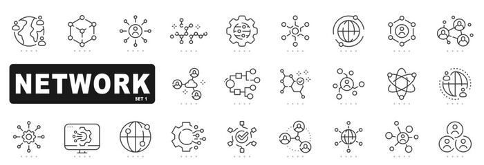 Set of network related line icons. Connect, group, link, net, team etc. Editable stroke.