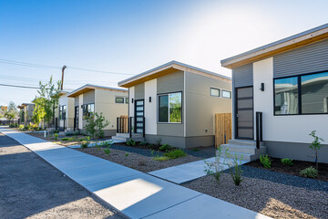Urban affordable housing, compact multi-story building with a modern facade, small balconies, and a paved courtyard
