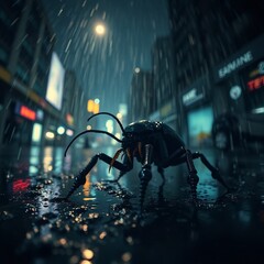 Surreal picture, a mechanical cockroach, on a city road. At night, in the rain. City buildings can be seen in the background.