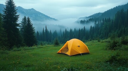 Yellow tent in misty mountain valley.