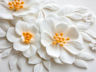 Fototapeta premium Elegant White 3D Flowers Floral Wall Art Home Decor Cream Texture