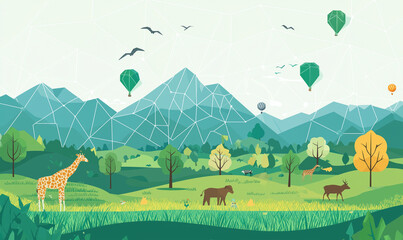 Wildlife conservation efforts in scenic landscapes natural habitats illustrative art eco-friendly environment aerial view nature protection