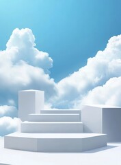 White geometric platforms on a cloudy sky background.