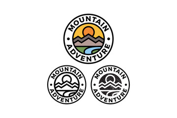 mountain peak with sun and river circle badge vector illustration template graphic design collection with colorful, filled and line art style for adventure and outdoors merchandise and other uses.