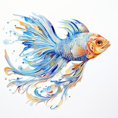 Fototapeta premium This illustration features fish with flowing blue fins. The fins resemble waves, creating a dynamic look as the fish faces left, showcasing its vibrant colors and elegant movement.
