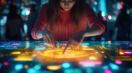 Girl interacts with interactive touchscreen table, futuristic technology.
